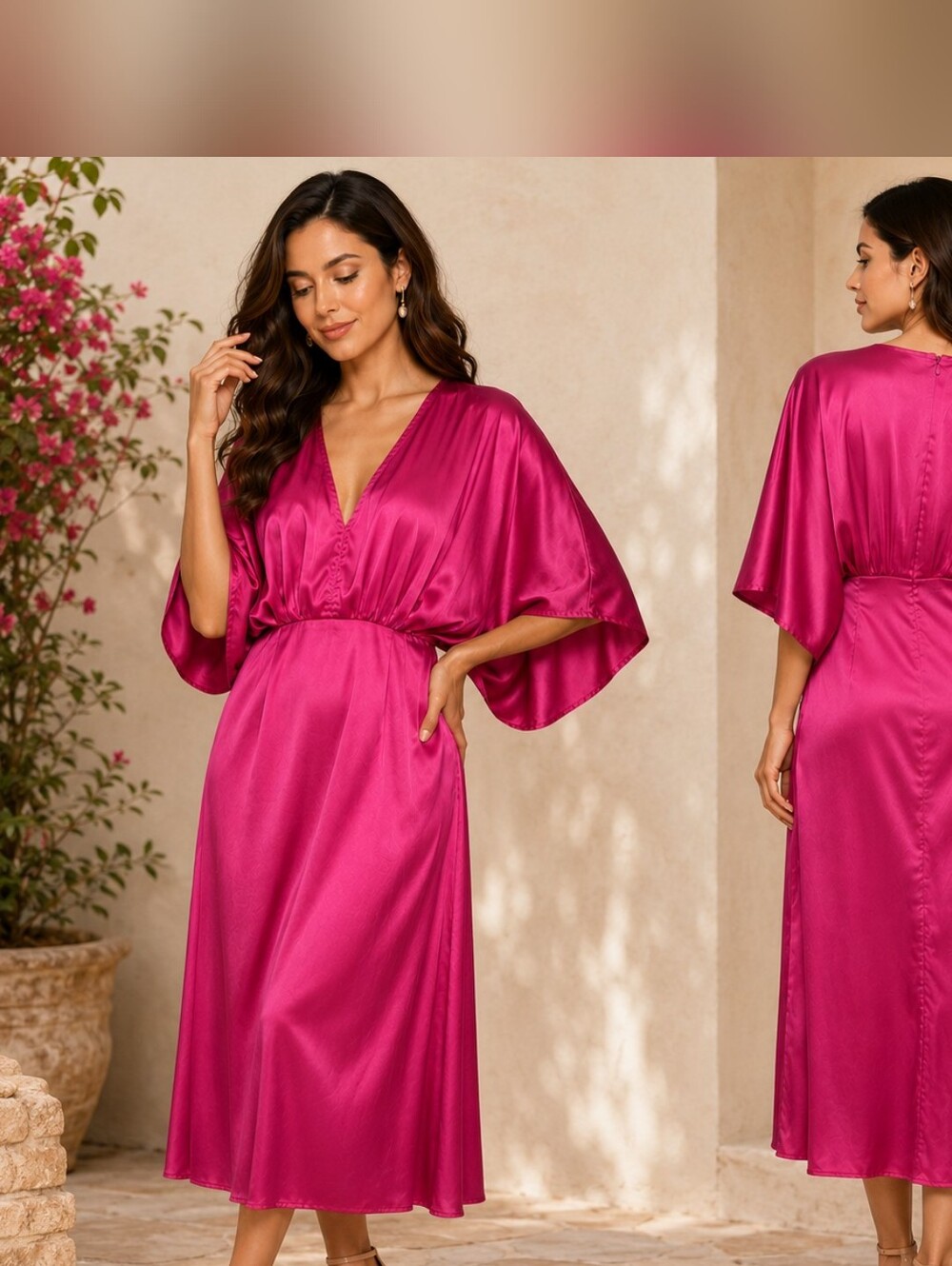 She + Sky Fuchsia Satin Midi Dress Women's Large Kimono Sleeve V-Neck #1155